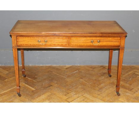 An Edwardian mahogany, satinwood crossbanded side table, fitted two frieze drawers, raised on square tapering supports, spade