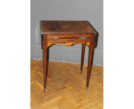 An Edwardian rosewood, box inlaid and strung lady's drop flap work table, fitted frieze drawer, raised on square tapering leg