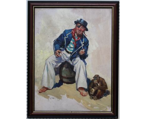 Cuneo ( 20th Century) A sailor seated upon a barrel beside a monkey, each smoking a clay pipe. Oil on board, signed lower lef