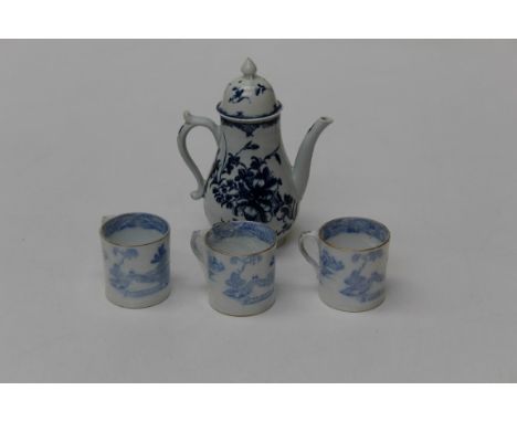 An 18th century Worcester First period blue and white coffee pot and cover, damaged, together with three Spode coffee cans, d