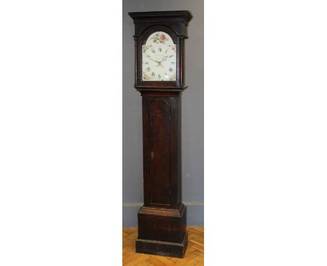 A late George III oak longcase clock, the 30 hour two train movement having an arched painted dial inscribed Thackall, Banbur