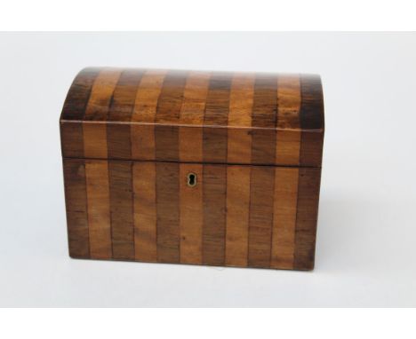 A 19th Century rosewood and satinwood banded tea caddy, the slightly domed hinged cover enclosing single cannister and provis