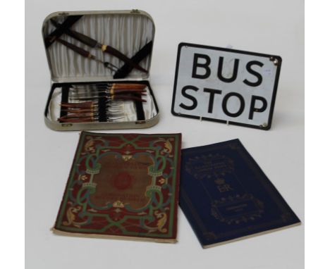 A mixed collectors lot, including a mid century enamel bus stop sign, 23 x 30.5cm, a cased set of horn handled steak knives a