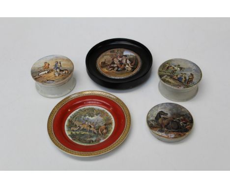 A 19th century Prattware pot lid ' The Sportsman', with base, together with 'War', two other lids and a Pratt plate decorated