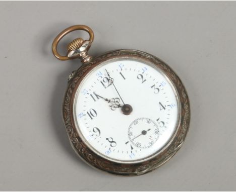 A Swiss silver cased pocket watch with enamel dial and having subsidiary seconds.