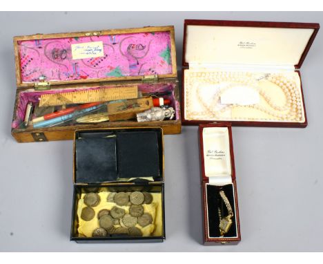 A group of collectables to include Avia manual wristwatch, coins, drawing equipment, simulated pearls, pen knives etc.