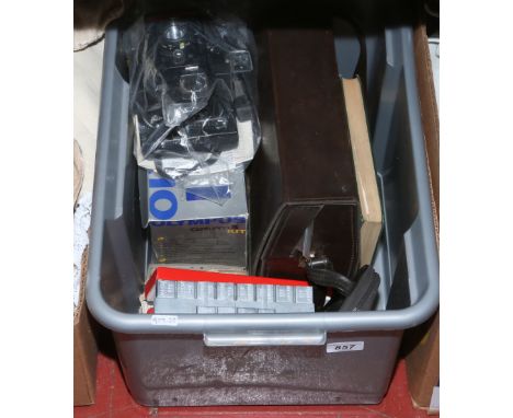 A box of miscellaneous to include Mazak Diecast cigarette box, photographic, Singer button holer etc.