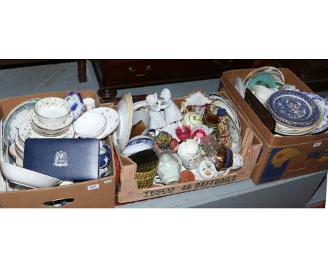 Three boxes of mixed ceramics including 19th century dinnerwares, Indian tree teawares, Denby Dale pie plate, Minton, ornamen