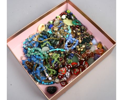 A box of hardstone costume jewellery, bangle, earrings, pendants and neck ware etc.