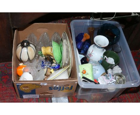 Two boxes of miscellaneous to include Nao, Sylvac, Carltonware, glass light shade etc.