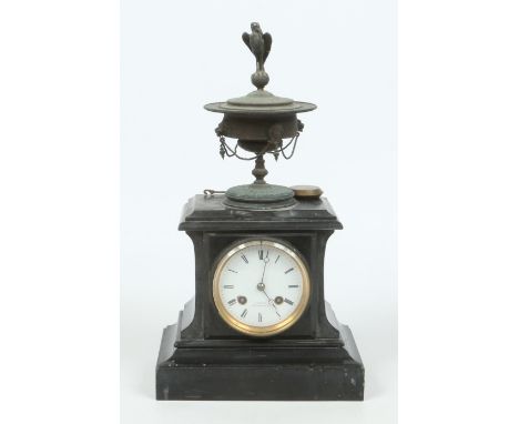 A 19th century French slate mantel clock. Surmounted with a bronze urn with bird finial, with enamel dial signed Lefebvre, Ru