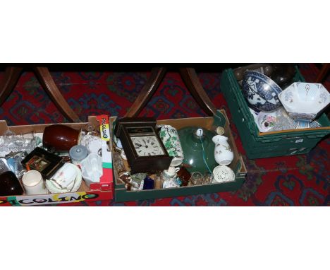 Three boxes of miscellaneous and collectables including mantel clock, Shelley, old telephone, African hardwood busts etc.