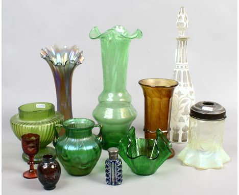 A quantity of coloured glass including a vintage vaseline glass light shade, flashed decanter, art glass vases etc.