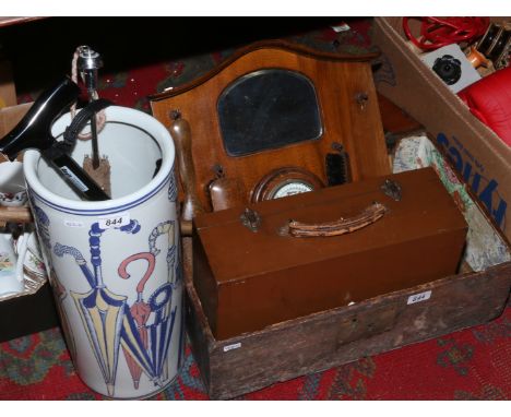 A pine box, wooden case, barometer, brush set, ceramic stickstand and contents.