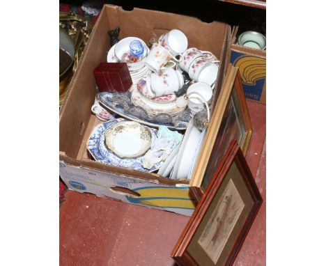 A box of miscellaneous including tea service, Rotary wristwatch, cutlery, framed prints etc.