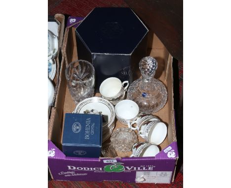 A collection of cut glass to include Stuart crystal decanter in original box, Bohemian crystal vase and a fine bone china tea