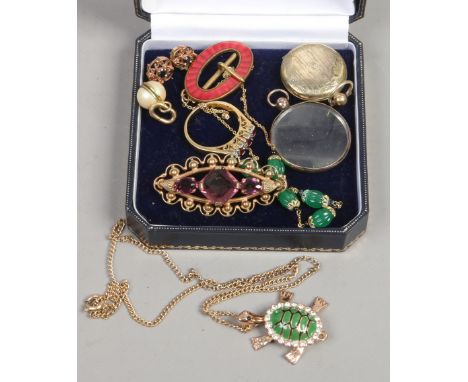 A small box of mixed jewellery including gilt amethyst brooch, enamelled oval buckle, dress ring, photo lockets and a reticul