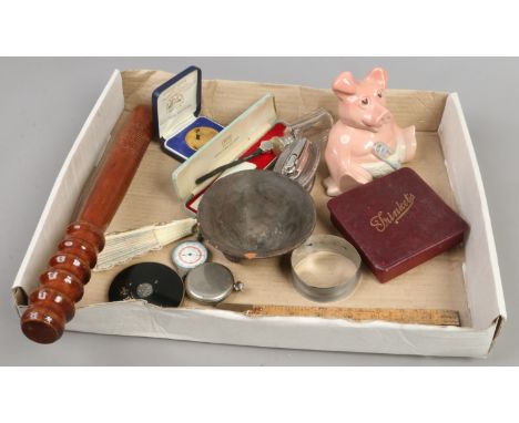 A box of collectables to include Natwest Baby Pig money box, oak truncheon, ladies Oris wristwatch fob and pocket watch.