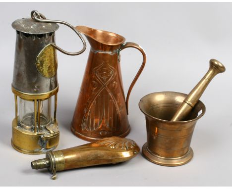 A quantity of collectable metalwares including an 18th century bronze pestle and mortar, an Art Nouveau copper jug, an Eccles