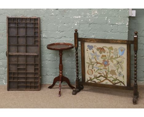 A 20th century oak barleytwist firescreen with silk embroidery panel along with an upcycled vintage trinket wall rack and a t