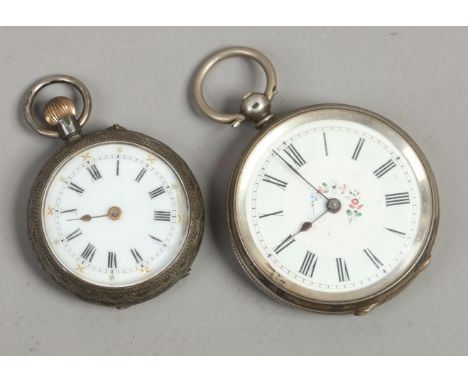 Two silver cased fob watches with enamel dials.