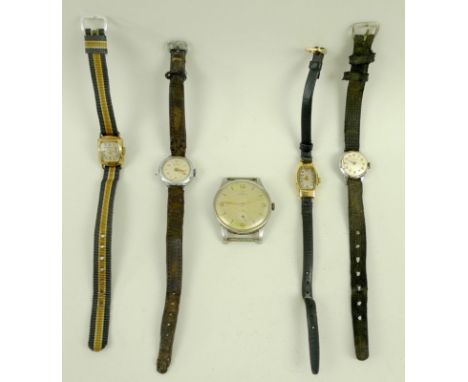 An Omega 1950's wristwatch, together with four lady's wristwatches comprising, a 9ct gold T. W. Benson tank cased watch, a Ti
