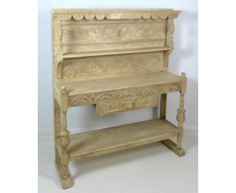 A carved and painted dresser with a single frieze drawer and pot shelf, 122 by 38 by 151cm high.