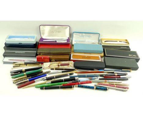 A collection of vintage Sheaffer, Papermate, Platignum, Colibri, Osmirod and other fountain and ball point pens, some in orig