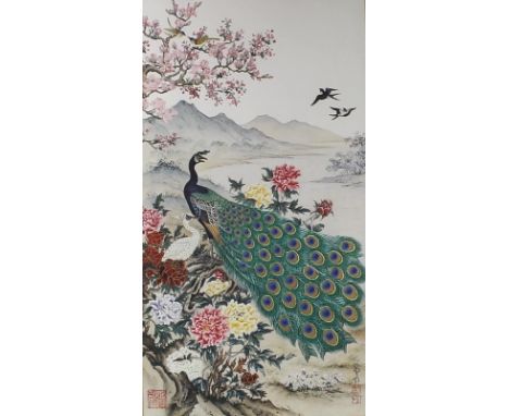 Wei Tseng Yang: 'The Awakening of Spring', a peacock in a landscape with blossoms and chrysanthemums, a coloured print on sil