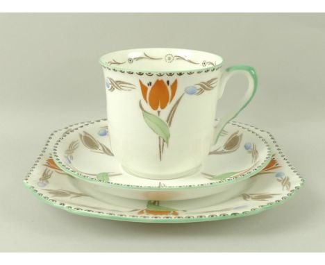 A Shelley part tea service, decorated with orange tulips on a white ground with green rims, printed factory mark and D11942, 