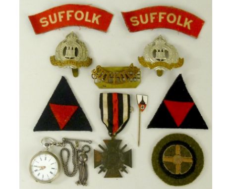 A Nazi Kyffhauserbund enamel members stick pin, a WWI German iron cross with swords and ribbon, a Nazi Luftschutz cloth badge