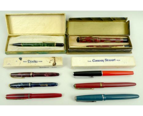 A small collection of vintage Conway Stewart fountain pens and pencils, early 20th century and later, comprising a Nippy prop