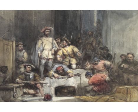 George Cattermole (1800-1868): a study of armed soldiers surrounding a fireplace, watercolour, monogrammed lower left, 26 by 