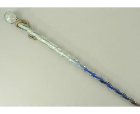 A Kilkenny barley twist glass cane, 19th century, in red, white and blue, the stick end with round knop, 120cm. 