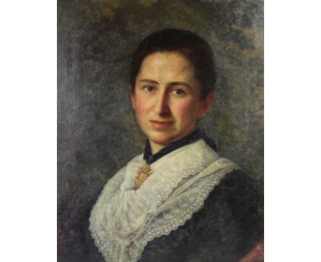 Attributed to Alice E. Donkin (British, fl. 1871-1900): a portrait of a lady in a black dress with lace collar, possibly Miss