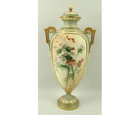 A Royal Worcester blush ivory twin handled vase and cover, of ovoid form, with pale green textured sides, beneath scrolled an