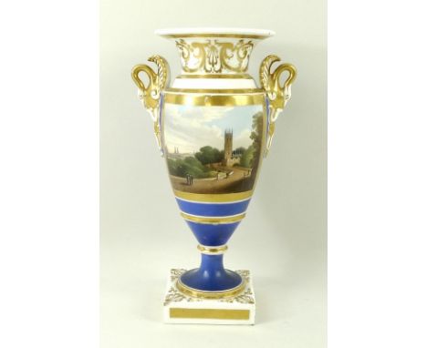 A Chamberlain's Worcester vase of ovoid form with swan handles, and square pedestal base, the blue ground with gilt-edged rec