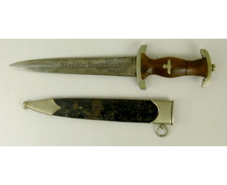 A Nazi WWII Solingen dagger, engraved Mammesfahr Cie and Alles fur Deutschland, insignia on the handle, a/f the top part repl