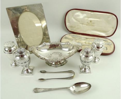 A collection of silver items, comprising a Victorian footed dish, cast with foliate decoration, Richard Richardson, Sheffield