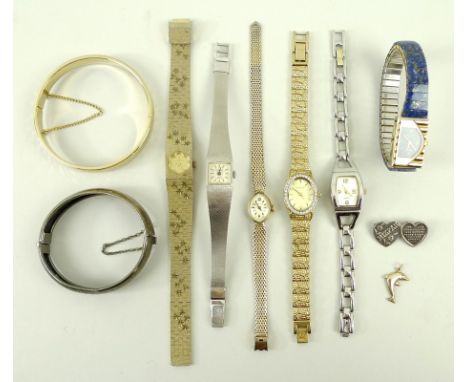A group of lady's watches and jewellery, comprising a vintage 10ct gold watch by Caravelle, with textured strap 15g total wei