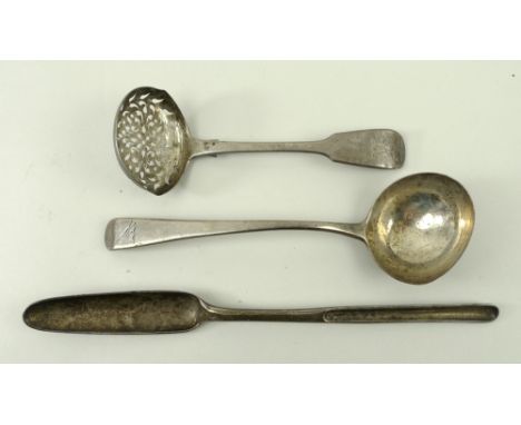 A George II silver marrow scoop, London 1813, maker R.C, a George III silver sugar spoon, London 1792, William Eaton, and a G