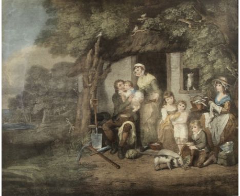 After William Redmore Bigg (1755-1828): 'Saturday Evening, the Husband's Return from Labour', a stipple engraving by Nutter, 