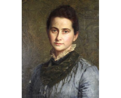Alice E. Donkin (British, fl. 1871-1900): a portrait of a young lady, wearing a blue dress, with title to the canvas verso 'M