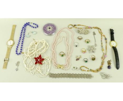 A quantity of vintage and later costume jewellery, including silver and gold plated pieces, watches, necklaces, beads, brooch