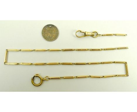 An 18ct gold single gate link short Albert, 11.5g total weight, together with a 1914 silver threepenny bit, pierced to the to