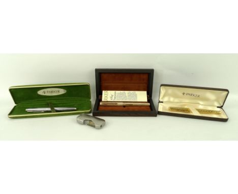 A retro silver cap and barrelled Parker pen with textured barrel, 14ct gold nib, circa 1960, together with two further Parker