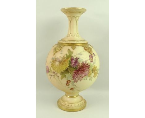 A Royal Worcester blush ivory vase of bulbous form painted with Chrysanthemums and blossoms, with gilded rim and highlights, 