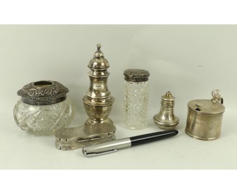 A Continental silver snuff box, a silver pepper, mustard and salt, a glass jar and silver lid, a hair tidy, and a Parker 51 p