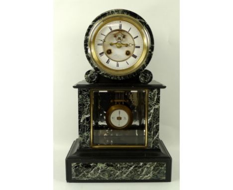 A French marble and slate mantel clock, 19th century, with visible escapement, the white face with Roman numerals, marked Haa