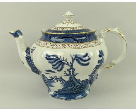 A Booths part dinner and tea service, decorated in the Old Real Willow pattern, blue and white transfer printed with gold edg